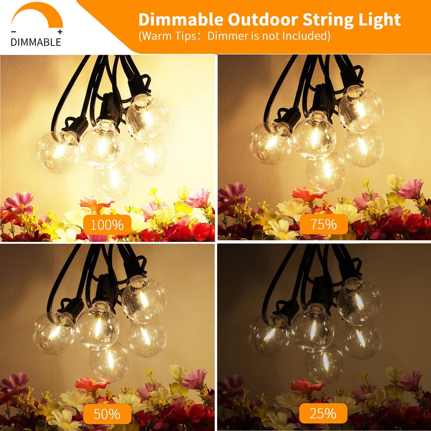 Svater Outdoor String Lights LED 25 FT, Patio Globe Lights with 13 Plastic G40 Bulbs, Waterproof Dimmable Outside Hanging Light for Backyard Bistro Cafe Porch Party Decor, 2700K Warm White