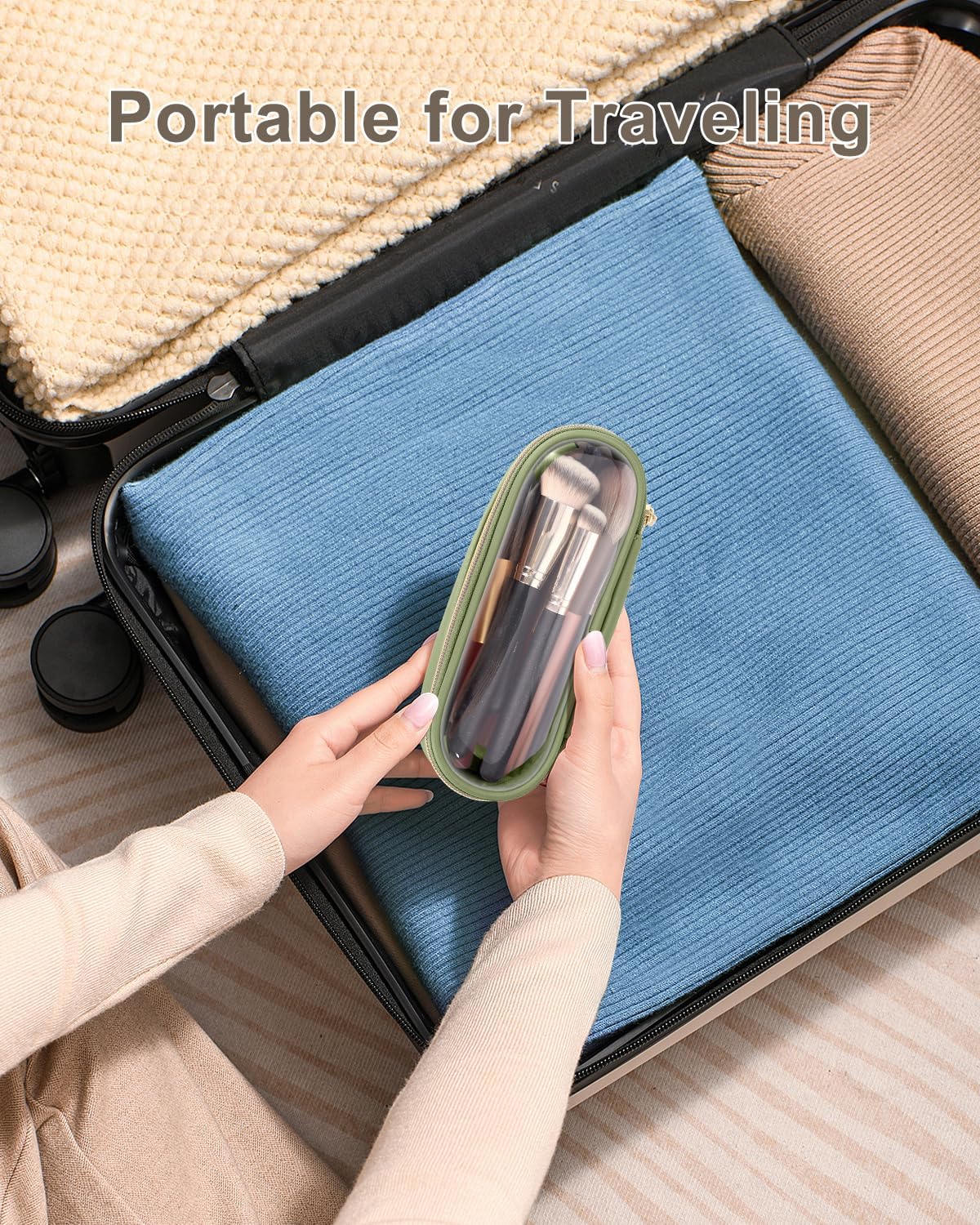 Clear Travel Makeup Brush Holder, Leather Makeup Brush Toiletry Bag, Portable Cosmetic Brush Case, Transparent Waterproof Makeup Brush Storage Bag, Green