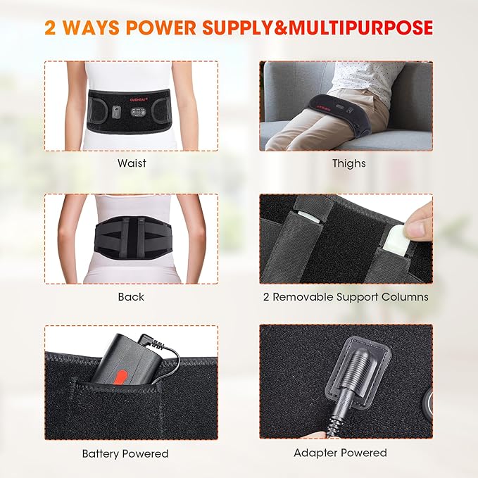 CUEHEAT Heated Waist Belt, Cordless Heating Pad for Low Back, Electrical Heating and Massage, Rechargeable Battery Powered (Black Upgraded,45 inches)