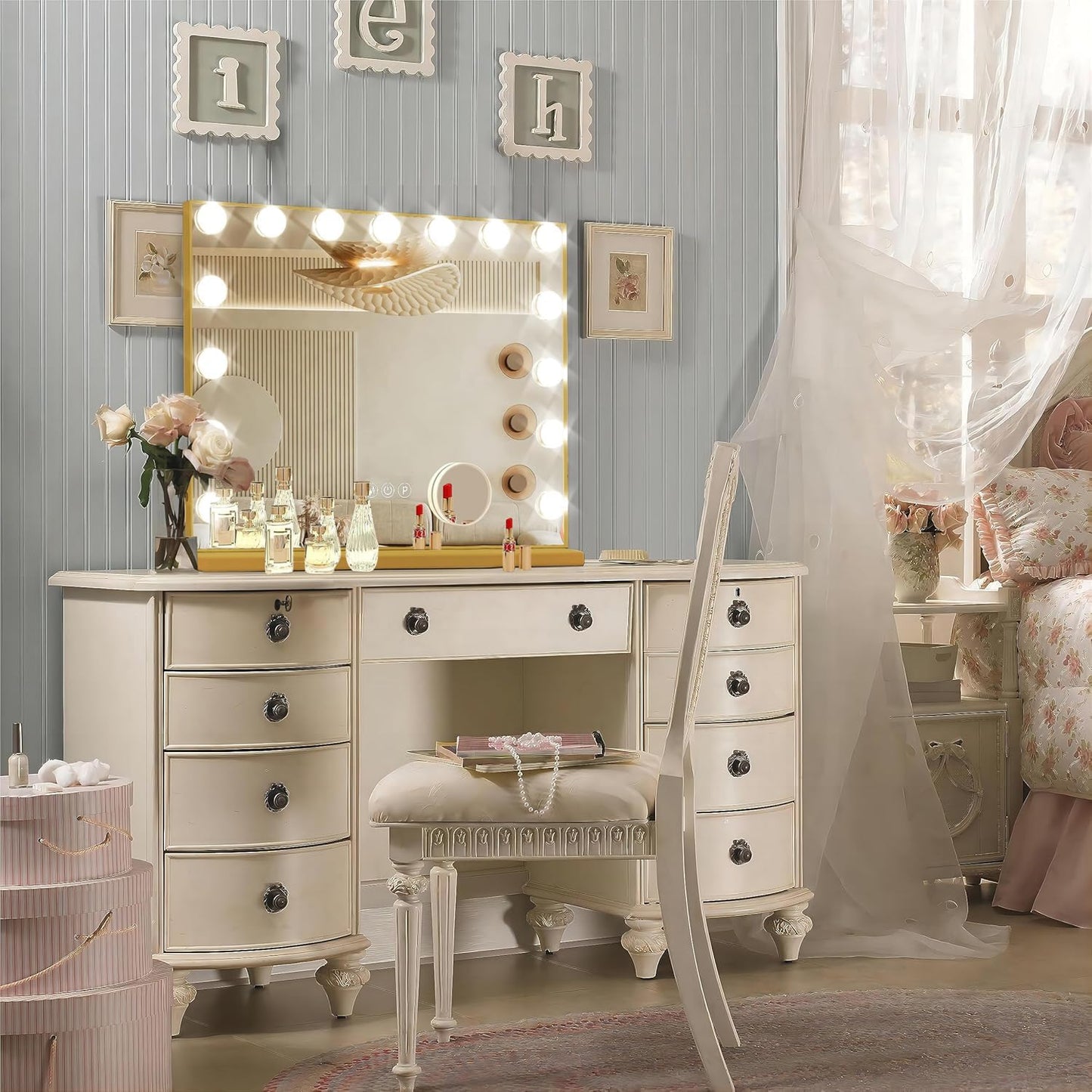 Gold Hollywood Vanity Mirror with Lights, 15 Dimmable Bulbs, 3 Color Lights,Make Up Lighted Mirror, Aluminum Metal Frame, USB Charging Port（23" x 18"）