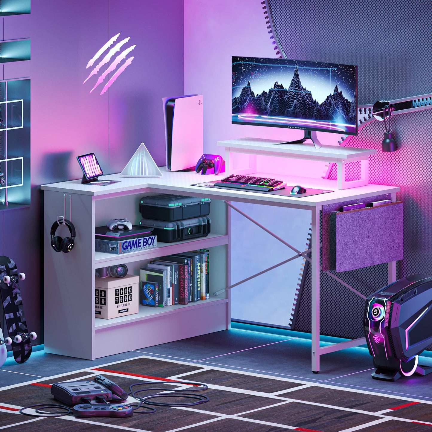 Bestier L Shaped Gaming Desk with LED Lights, 42 Inch Computer Desk with Monitor Stand & Open Storage Cabinet,Writing Study Corner Desk for Home Office Bedroom, White