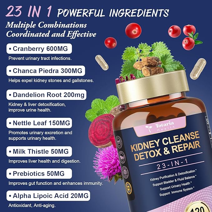 Kidney & Liver Cleanse Detox & Repair Capsules, Chanca Piedra & Cranberry Pills for Liver Kidney Support Supplement Extra Strength for Stones Dissolver, Urinary Tract Health for Woman