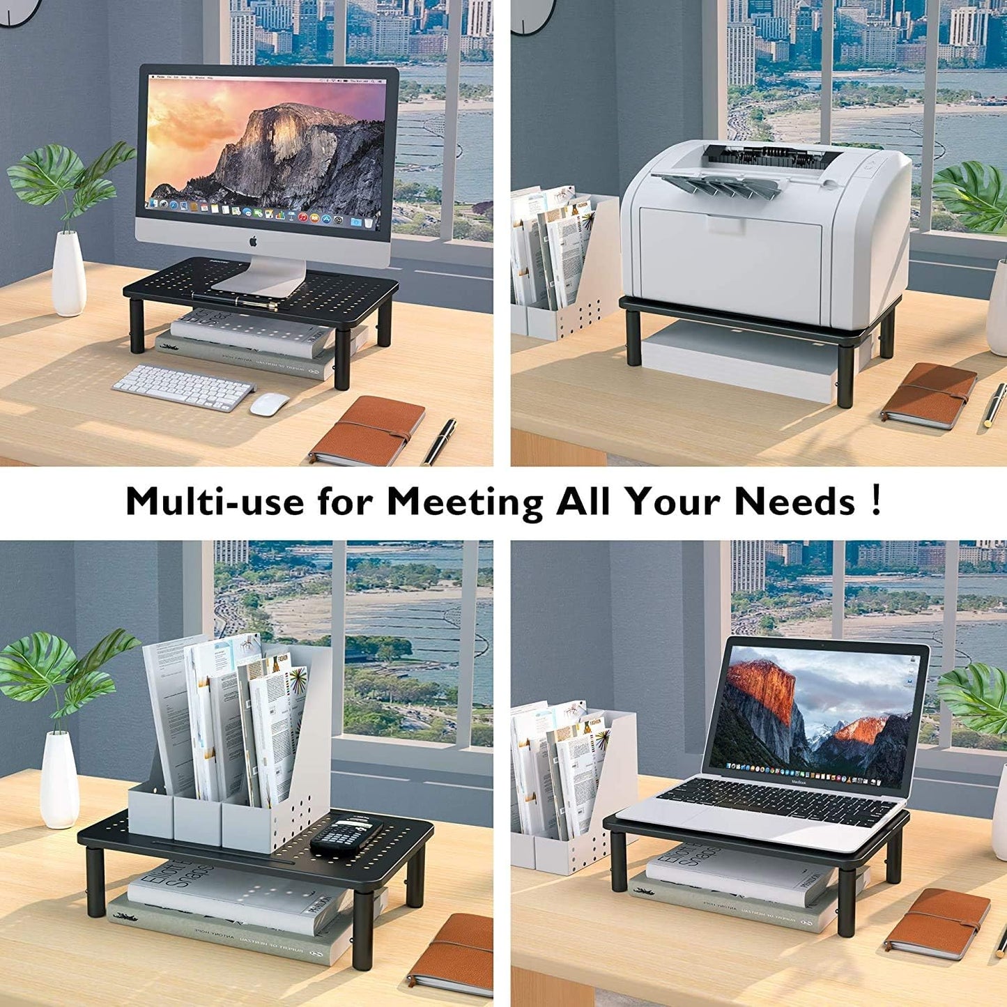 BONTEC 2 Pack 3 Height Adjustable Monitor Stand Riser with Pen Holder, Ergonomic Metal Laptop Stand with Cable Management, Desktop Stand for Computer, Printer, Monitor, Laptop, Black Steel, 14.5 in