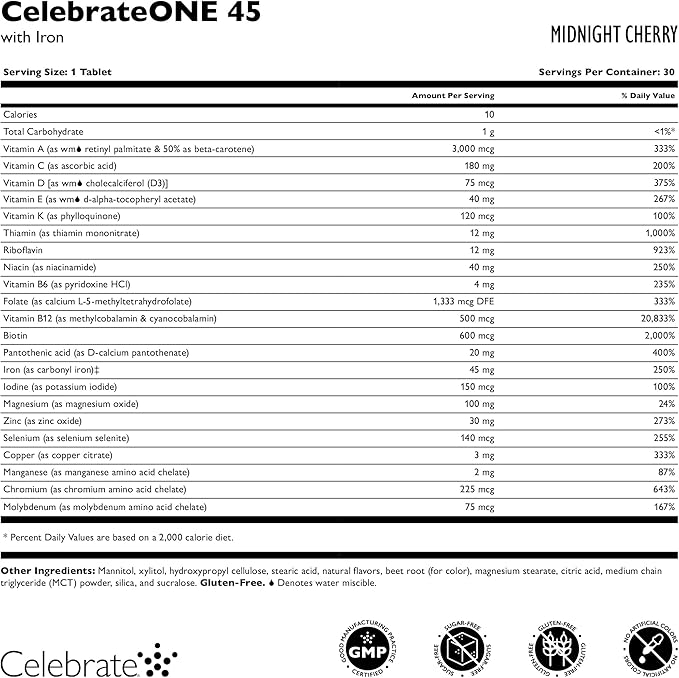 Celebrate Vitamins CelebrateONE 45 Chewables, 45mg Iron - One A Day Bariatric Multivitamin, Essential Vitamins & Minerals - Gastric Bypass & Sleeve Gastrectomy Supplement - Cherry (90 Tablets)