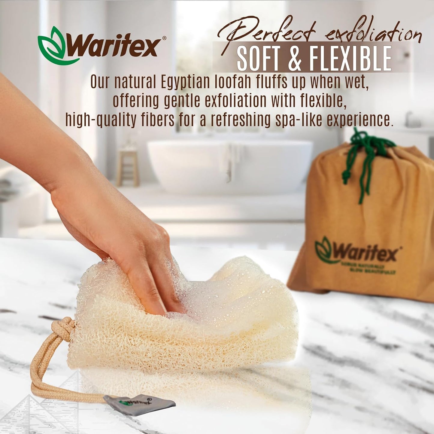 Premium Natural Egyptian Loofah Sponges, Made from 100% Natural Organic Material, Gentle Skin Exfoliation, and Full-Body Spa Experience – Eco-Friendly Loofah 3 Count (1 Pack)