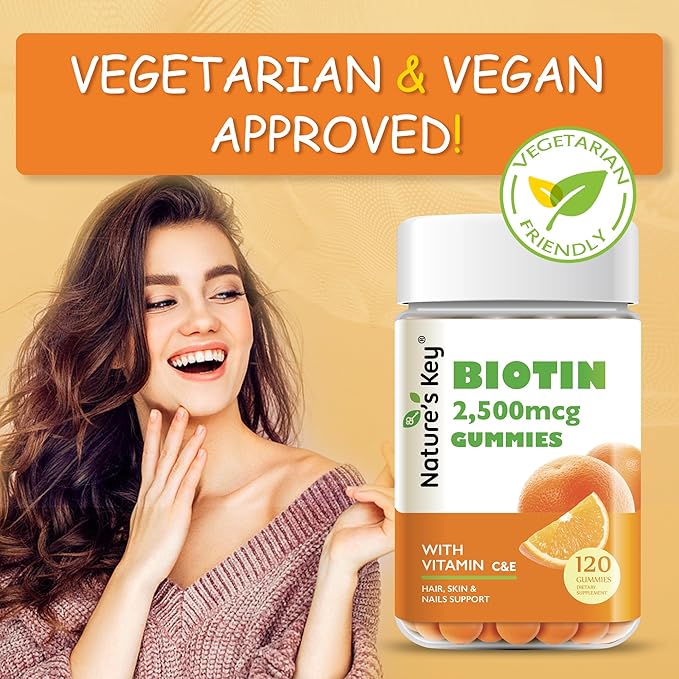 Nature's Key Biotin Gummies with Vitamin C and E, Support Hair Nails Growth & Beautiful Skin for Women Men and Kids, Vegan, Orange Flavors, 120 Count
