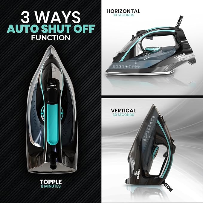 Utopia Home Steam Iron for Clothes - Non-Stick Soleplate - 1800W Clothes Iron With Auto-Off Safety Feature - Adjustable Thermostat Control, Variable Steam Control, Self-Clean, 8 Feet Cord (Black/Teal)