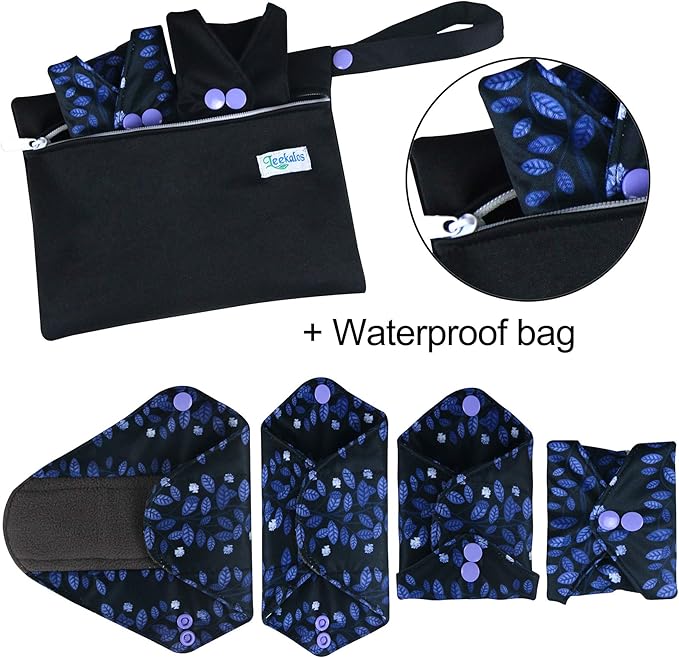 Leekalos Reusable Menstrual Pads - Bamboo Menstrual Cloth Pads | Light Incontinence Pads | Reusable Sanitary Pads - Pack of 6, 1 Cloth Mini Wet Bag
