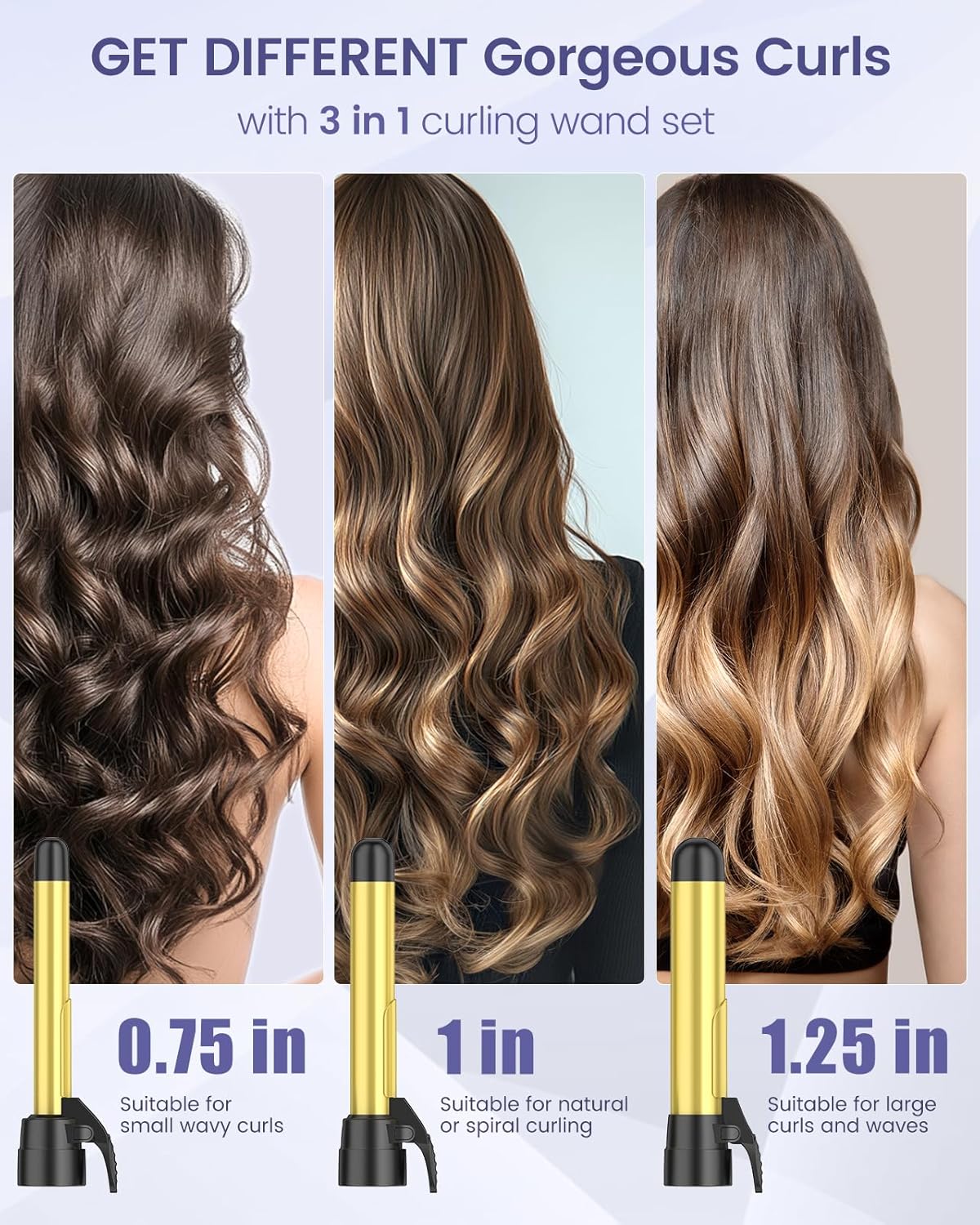 Ceramic Rotating Curling Iron, 3 in1 Self-Rotating Curler with Interchangeable Barrels (0.75" 1" 1.25") for Multiple Hairstyles, Fast Heat-Up Auto Curling Wand, Dual Voltage, Adjustable Temp