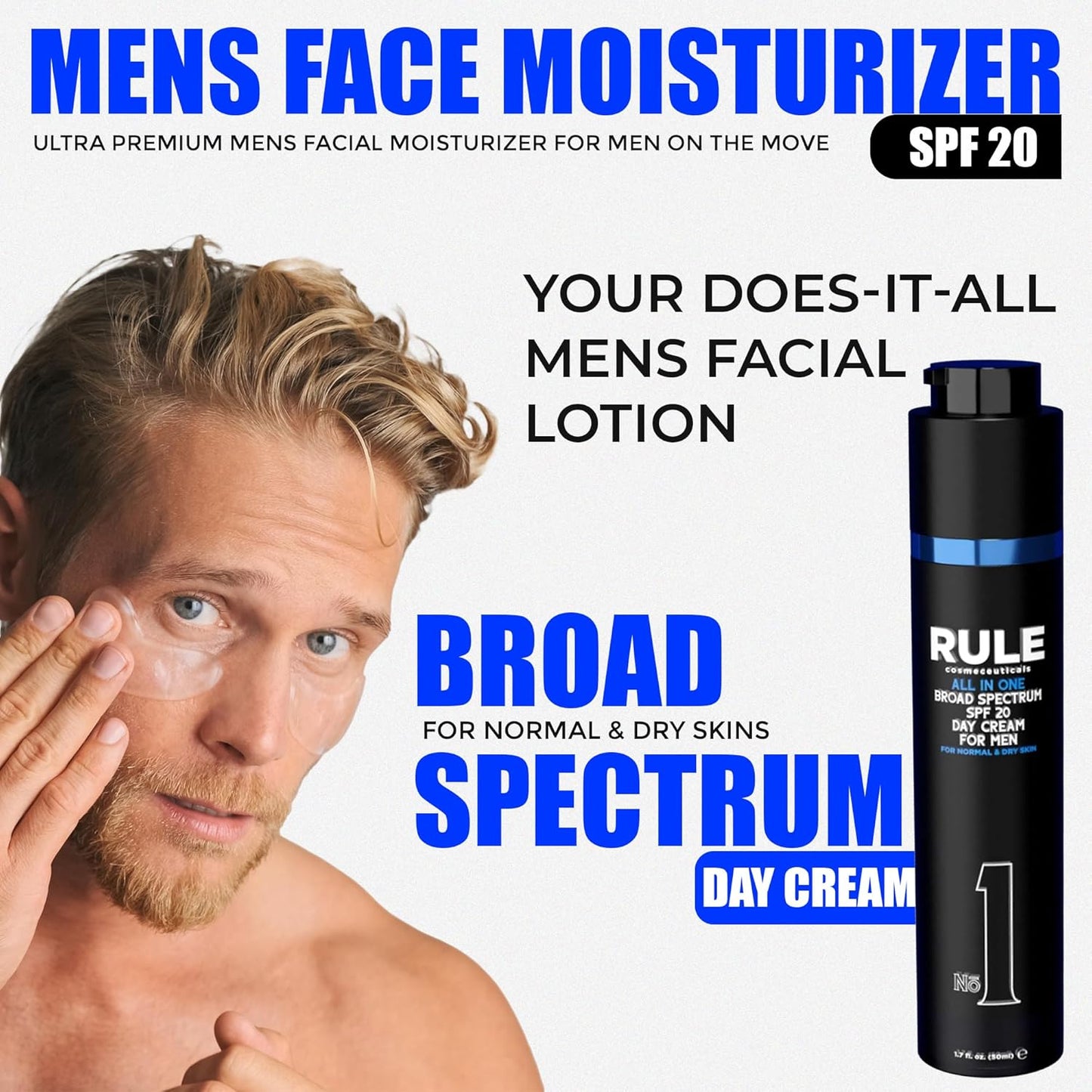 No.1 Day Cream for Men, 10-in-1 Anti-Aging Face Moisturizer to Reduce Wrinkles & Dryness, SPF 20, Collagen, Vitamins B, C & E - Normal & Dry Skin - Original, 50 mL