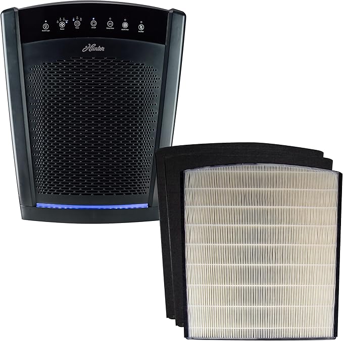 Hunter HP800 Air Purifiers for Home Large Room and Bedroom. True HEPA Air Purifier for Pets, Odors, Allergens, Smoke, Dust, VOC's. Value Bundle w/Extra Filter. Cleans 2585 Ft² per hour. Black