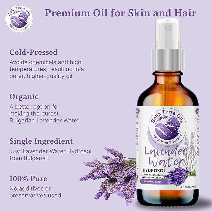 Bella Terra Oils - Lavender Water Spray 8 oz - Steam-Distilled Perfection, Bursting with Vitamin K & Omega-9, Elevate Your Skin Refreshment Routine