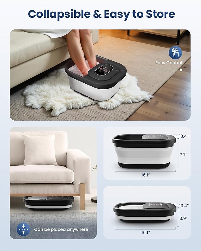 COMFIER Collapsible Foot Spa Bath Massager with Heat, Pedicure Foot Spa with Bubbles, Red Light, Pumice Stone and Shiatsu Massage Rollers, Heated Bath Spa for Relaxation and Stress Relief (Black)
