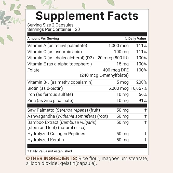 Hair Growth Vitamins Complex, 240 Capsules | 14-in-1 Formula with 5,000mcg Biotin, Collagen, Keratin, Vitamin C, Saw Palmetto, & More | Vitaminas Para El Cabello | Promotes Natural Growth & Thickness