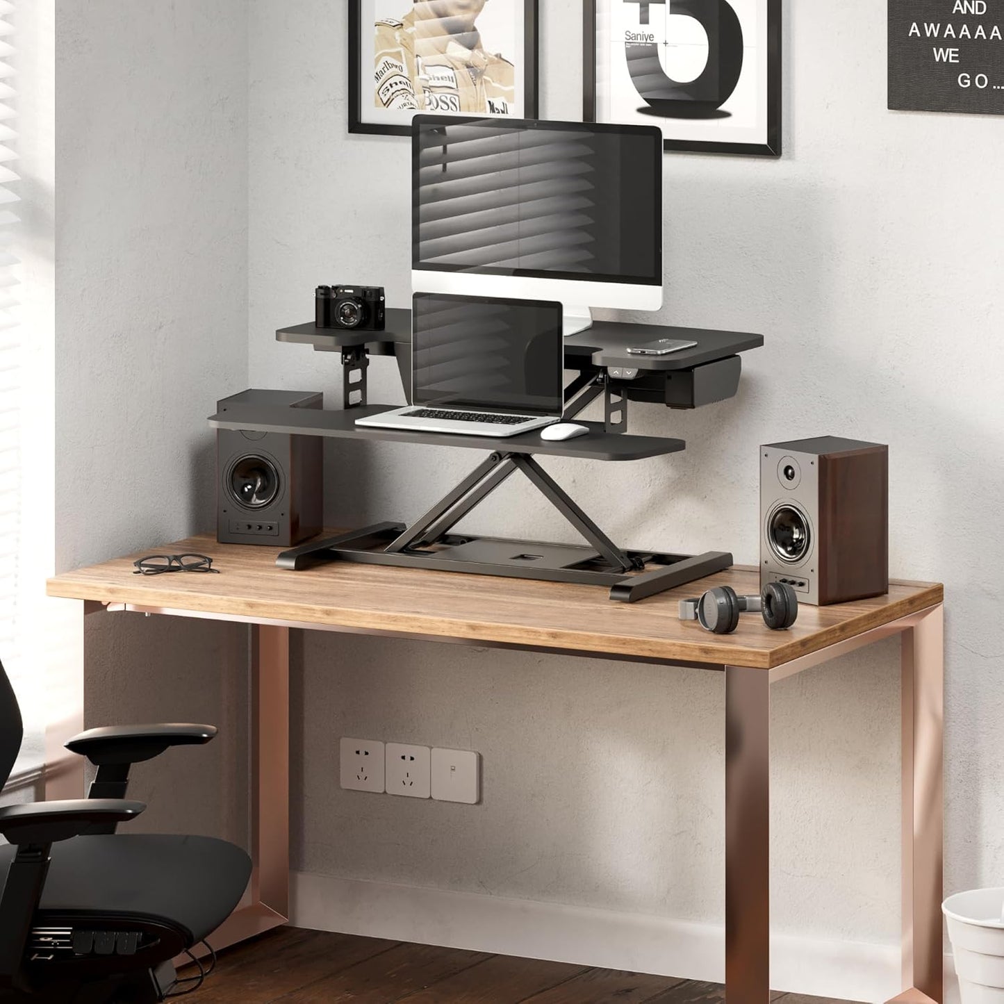 FLEXISPOT 32" Motorized Standing Desk Converter, Electric Stand up Desk Riser, Sit to Stand Dual Monitor and Laptop Workstation with Wide Keyboard Tray, Black