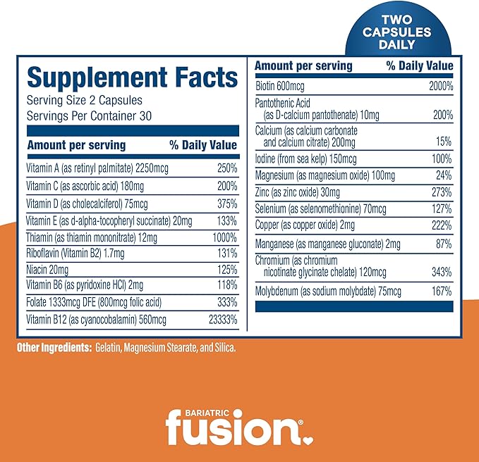 Bariatric Fusion Bariatric Multivitamin Without Iron | Post Bariatric Surgery Patients | Iron Free Bariatric Vitamin for Gastric Bypass and Sleeve Gastrectomy | 60 Capsules | 1 Month Supply