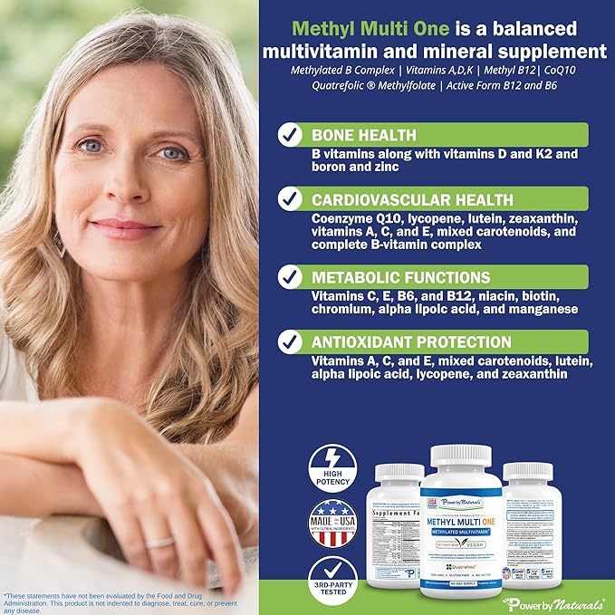 Power By Naturals Methyl Multi One – Iron-Free Methylated Multivitamin for Men & Women with B12 Methylcobalamin, P5P, Folate (5-MTHF), CoQ10 & Zinc for Energy & MTHFR Support, 60 Capsules (2-PK)