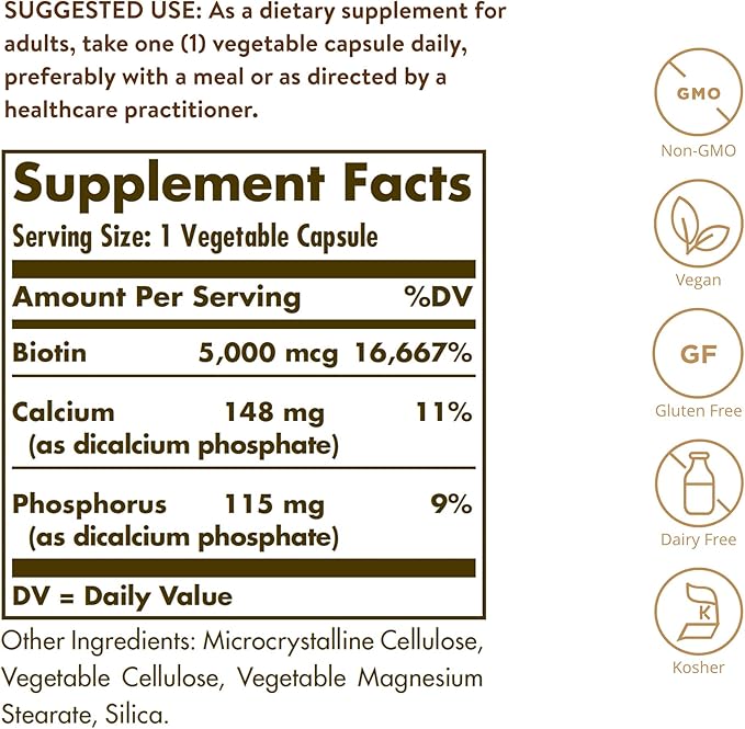 Solgar Biotin 5000 mcg - Promote Healthy Skin, Nails & Hair - Supports Energy Production, Protein, Carbohydrate & Fat Metabolism - Vitamin B - Non GMO, Vegan, Gluten Free - 100 Servings, Unflavored, Standard Packaging, 100 Count