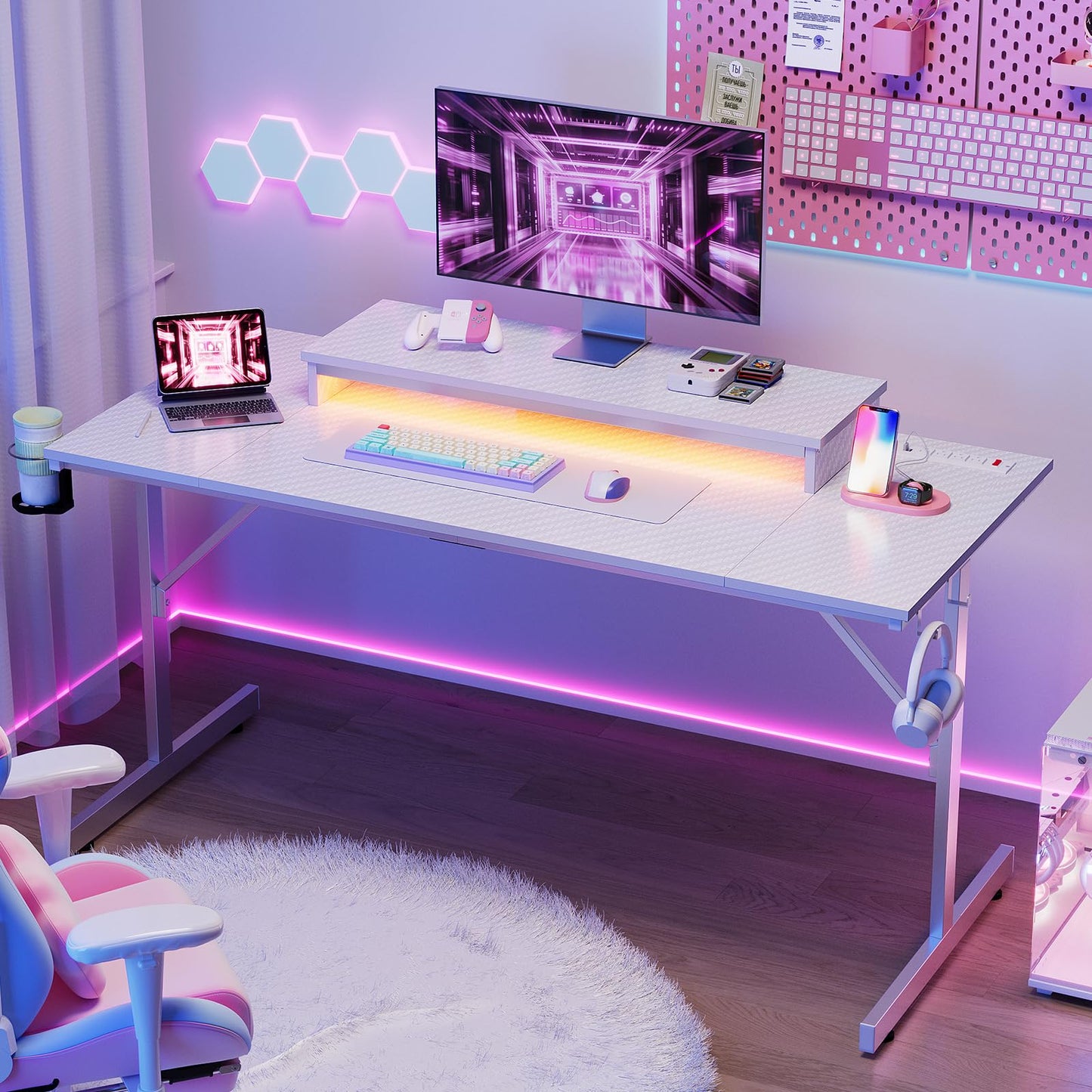 Bestier 52 inch Gaming Desk with Power Outlets and USB Charging Ports, Computer Desk with LED Lights and Monitor Stand, Gamer Desk for Home Office, Easy to Assemble, Carbon Fiber White
