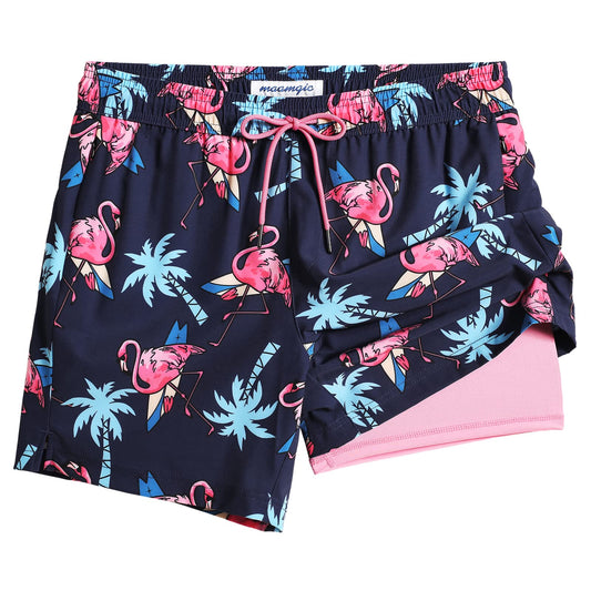 maamgic Mens Swim Trunks with Compression Liner 5" Stretch Beach Shorts Quick Dry with Zipper Pockets No-Chafing Board Shorts Navy-Flamingo Palm XS