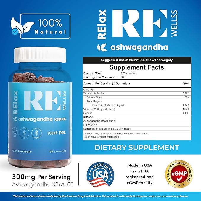 Ashwagandha & Vitamin D Gummies | Dietary Supplements | KSM 66 Ashwagandha for Calmness Support 300mg | L-Theanine Lemon Balm | Natural Herbal Non-GMO Sugar Free Gluten Gelatin Free | 1 Pack