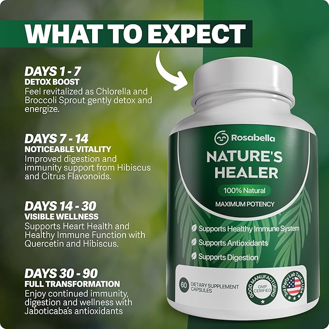 Rosabella Natural Healer – Organic Superfood Immune & Digestive Support – 60 Capsules – Plant-Based Supplement for Detox, Bloating Relief, and Gut Wellness for Women & Men