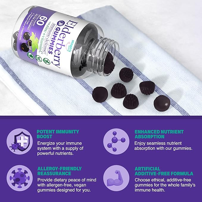 Elderberry Gummies with Vitamin C and Zinc - Immune Booster Elderberry Gummies For Adults and Kids - Vegan Natural Ingredients Defense Multivitamins with Antioxidant Support (60 Gummies)