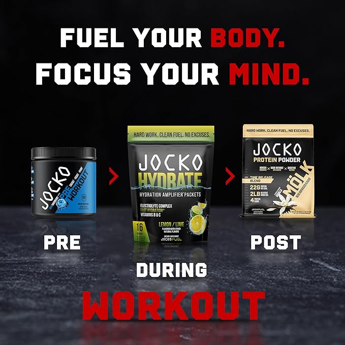 Jocko Fuel Packets Low Sugar - Hydration Amplifier Packets for Recovery, Dehydration, & Exercise - with Vitamins B6, B12 & C (16 Packets) Lemon Lime