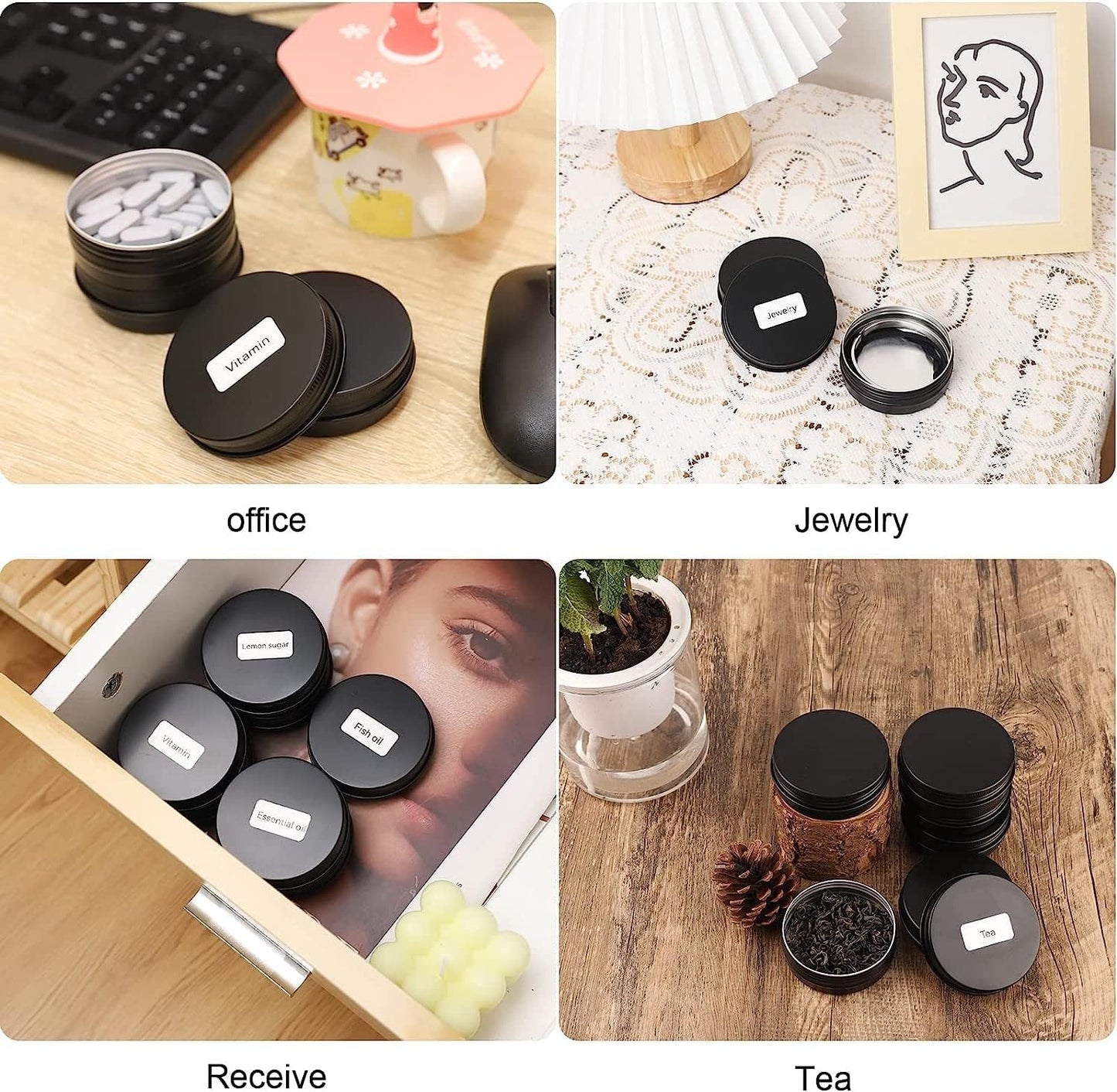 96 Pack Round Cans with Screw Lid 2 Oz Aluminum Metal Tins DIY Food Candle Containers for Lotion Bars, Balms, Salve, Spices, Beard Balm, Crafts with 4 Markers 3 Sheets Label Stickers (Black)