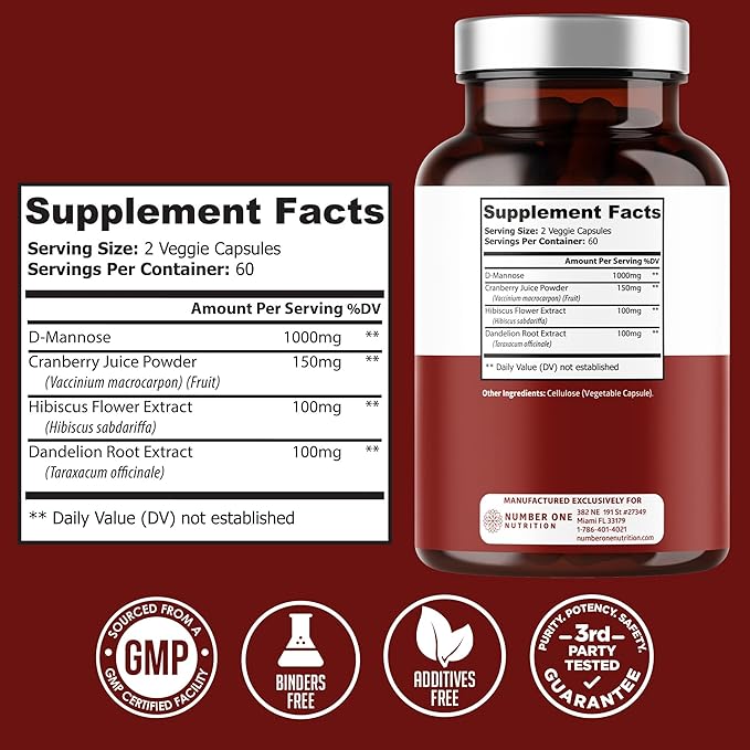 Number One Nutrition Premium D Mannose with Cranberry and Hibiscus [Max Strength, 1350mg] (120 Count (Pack of 2))
