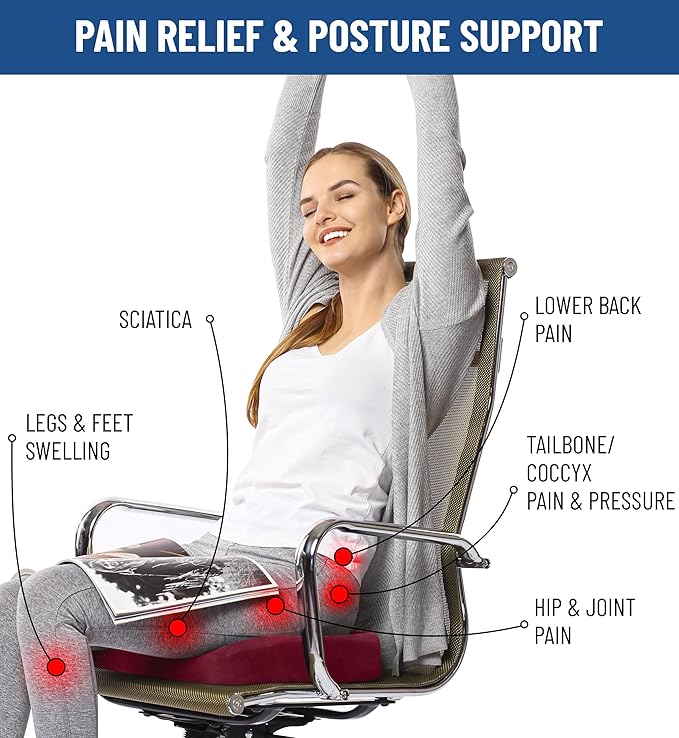 Everlasting Comfort Doctor Recommended Memory Foam Seat Cushion for Office Chairs & Car Seat - Ergonomic Office Desk Accessories for Tailbone Pain Relief, Sciatica & Back Support
