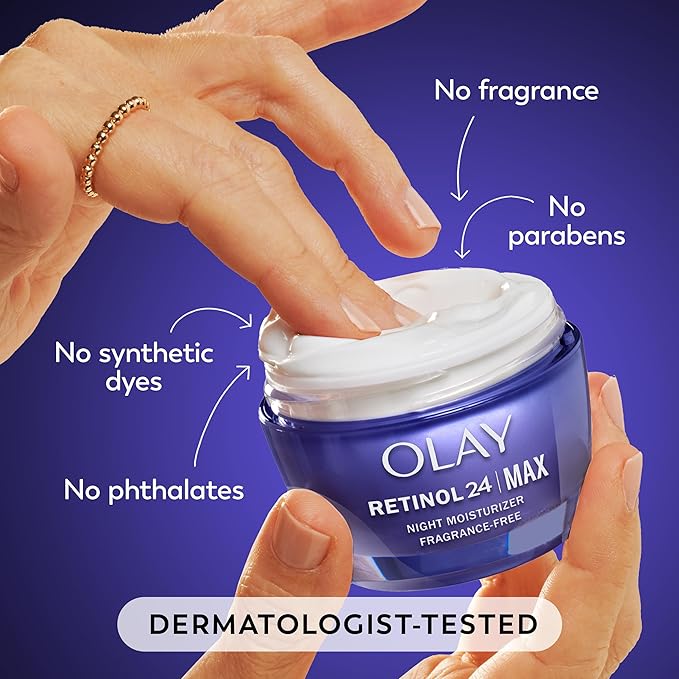 Olay Retinol Face Moisturizer, 24 MAX Anti-Aging Night Cream for Women, Fragrance-Free, Non Greasy - Anti-Wrinkle, Smooth Fine Lines, Tightening, Hydrating Skin Care - Peptides, Glycerin, 1.7 Oz