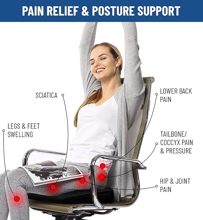 Everlasting Comfort Doctor Recommended Memory Foam Seat Cushion for Office Chairs & Car Seat - Ergonomic Office Desk Accessories for Tailbone Pain Relief, Sciatica & Back Support