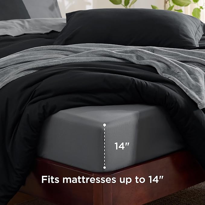 Bedsure King Comforter Set Black, 8 Pieces Prewashed King Size Bed in a Bag with Soft Fleece Bed Blanket, Down Alternative Bedding Set for All Seasons, Sheets, Pillowcases & Shams