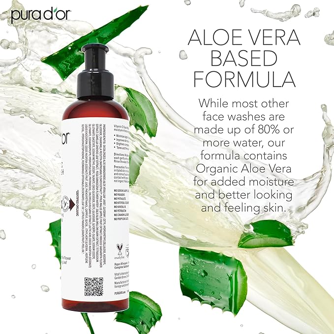 PURA D'OR Vitamin C Face Wash (8oz x2 = 16oz) Antioxidant Rich Facial Cleanser For Radiant Glow & Even Skin Tone - Gentle, Refreshing, Nurturing, Hydrating, Sulfate & Paraben Free Formula