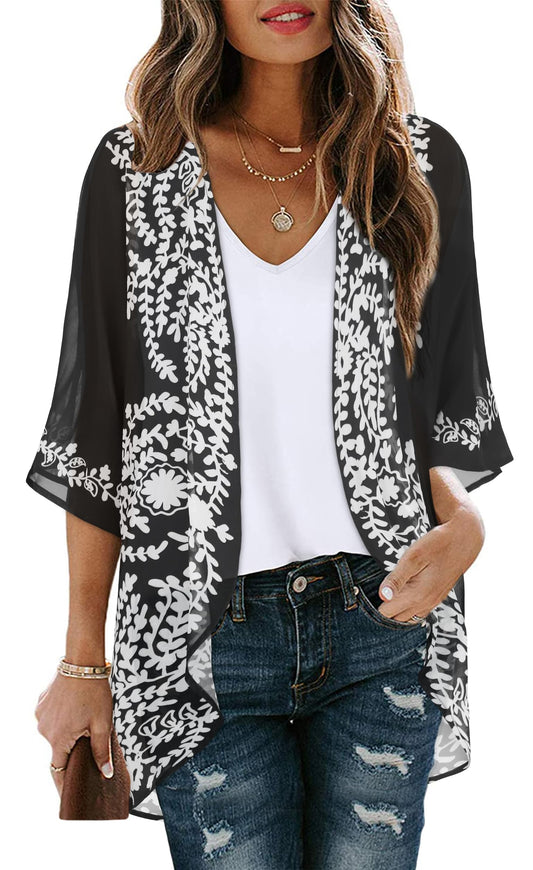 Womens Floral Kimono Cardigans Beach Cover Tops Loose Puff Sleeve Casual Blouse (C Black Flower, S)
