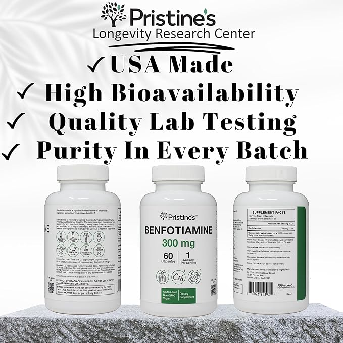 PRISTINE'S Benfotiamine 300mg High Bioavailability Nerve Support Supplement - 60 Day Supply - Fat Soluble Vitamin B1 Supplements - Vegan - Non-GMO