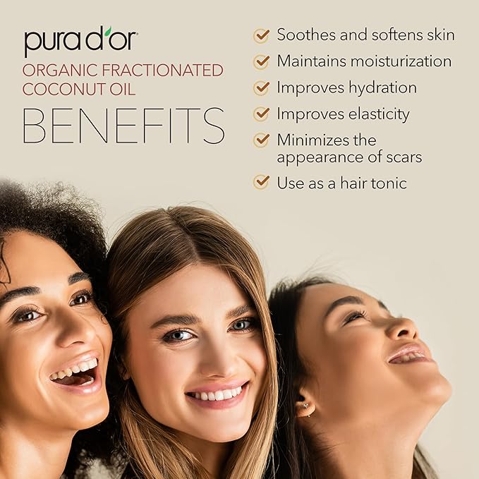 PURA D'OR 16.9 Oz ORGANIC Fractionated Coconut Oil MCT Oil (GLASS BOTTLE) 100% Pure & Natural USDA Certified Cold Pressed - Unscented, Hexane Free Moisturizer For Face, Skin & Hair Tonic - Men & Women