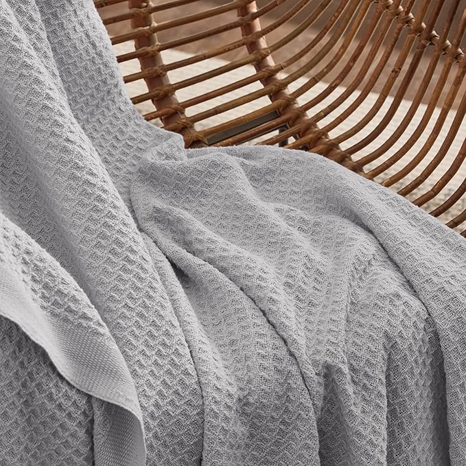 Bedsure 100% Cotton Blanket Queen Size for Bed - Breathable and Soft, Waffle Weave Blanket for Summer Spring, Grey, 90x90 Inches