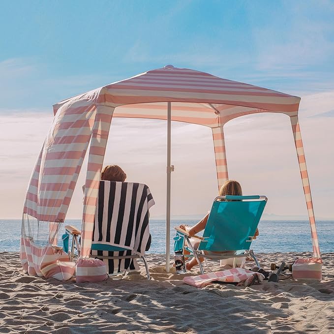 AMMSUN Beach Cabana, 6.2'×6.2' Beach Canopy, Easy Set up and Take Down, Cabana Tent with Sand Pockets, Instant Sun Shade with Side Wall, Elegant Pink