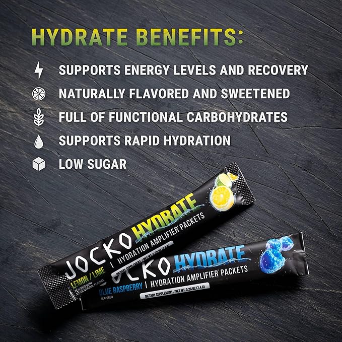 Jocko Fuel Hydrate Electrolytes Powder Packets Low Sugar - Hydration Amplifier Packets for Recovery, Dehydration, & Exercise - with Vitamins B6, B12 & C (16 Packets) Blue Raspberry