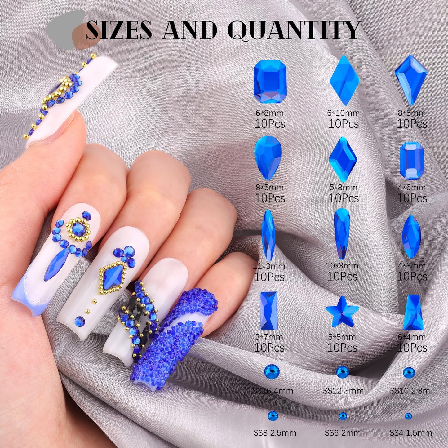 3220Pcs Royal Blue Glass Rhinestones 120Pcs Multi Shapes Flatback Gems + 3100Pcs 1.5-4mm Round Crystal With Glue Gel, Manicure Charms Diamond Gemstones for Nail Art