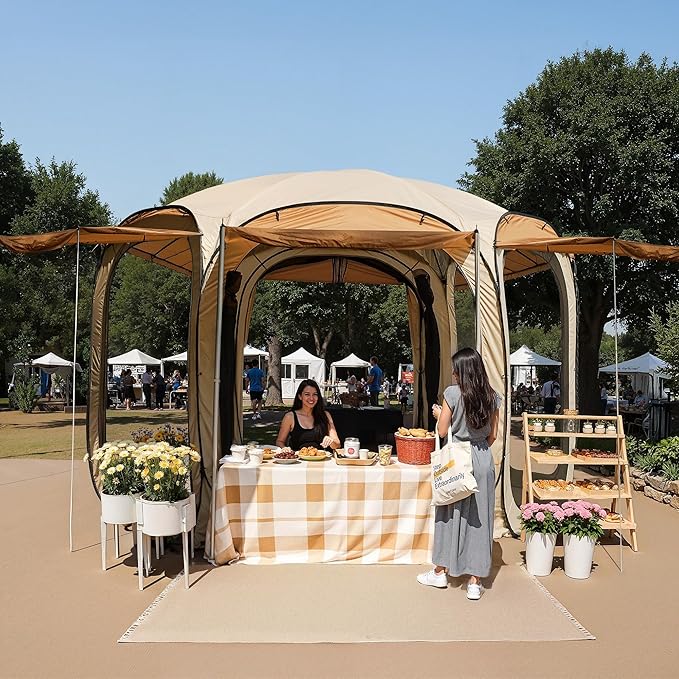 EAST OAK Pop Up Canopy Tent with Mesh Walls | Outdoor Screen House with 4/6 Sunshades | Waterproof Gazebo with Carry Bag | Portable Shelter for Camping, Patio, and Beach | Beige