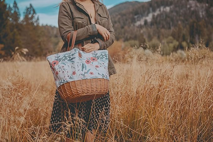 PICNIC TIME Coronado Canvas and Willow Basket Tote, Picnic Tote Bag, Beach Tote