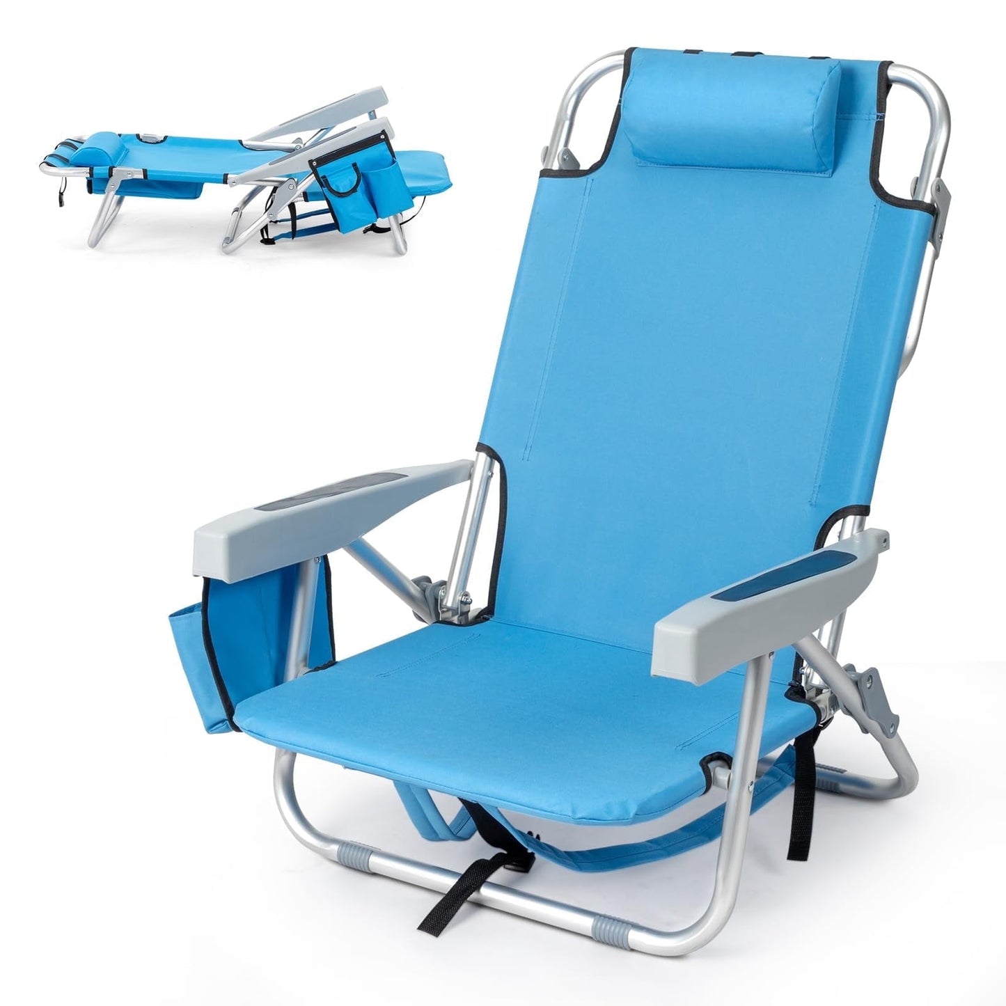 Beach Chairs with 5-Position Recline, 330lbs Folding Backpack Beach Lounge Chairs with Storage Pockets, Cup Holder & Towel Bar, Portable Aluminum Lay Flat Camping Chairs for Travel, Pool & Outdoor
