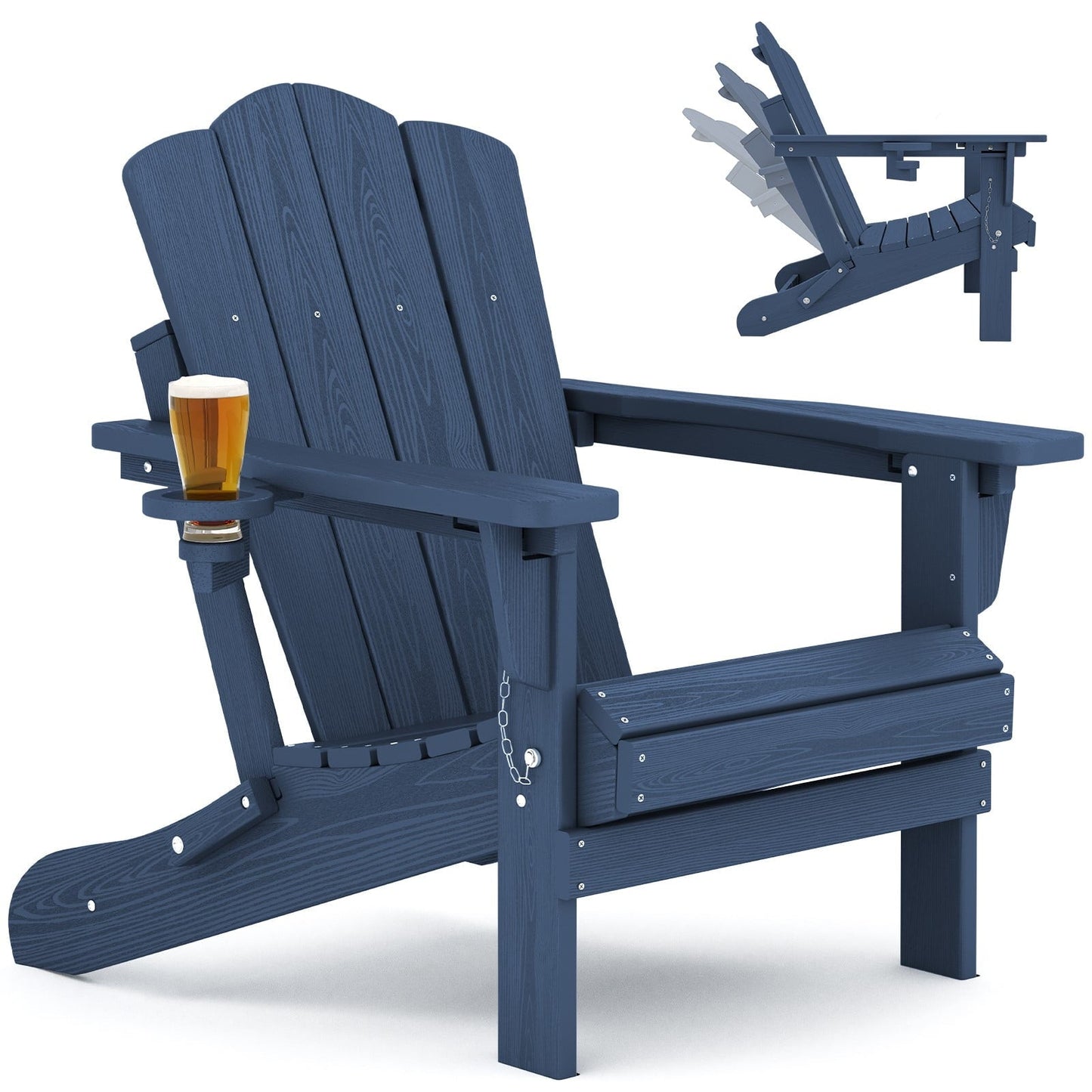 KINGYES Folding Adjustable Backrest Adirondack Chair With Cup Holder, Oversized Weather Resistant HDPE Reclining for Adults, Blue