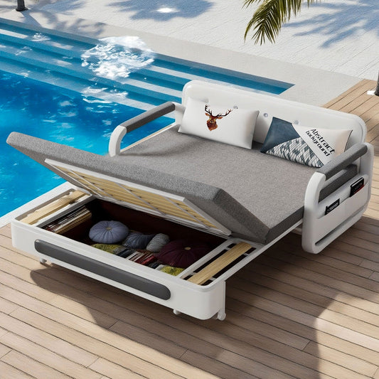 NessCarsti Outdoor Sofa Daybed with Pull-Out Trundle, Convertible Sleeper Couch for Patio or Balcony, 34.6" D x 62.2" W x 34.2" H, Gray/White