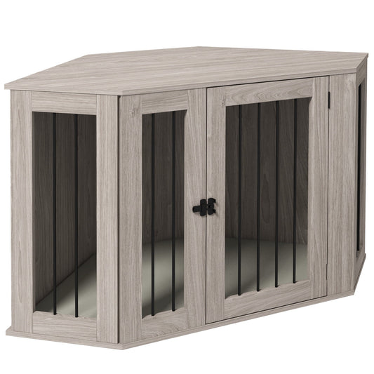 Noaman PawHut Corner Dog Crate Furniture, End Table Kennel for Large Dogs Up to 66lbs, 47.75"L x 24"W x 27.75"H, Walnut Brown with Cushion
