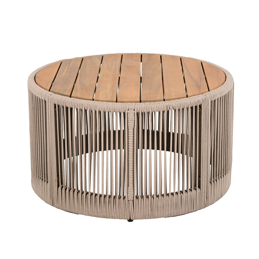 Outdoor Rattan Rope & Acacia Wood Coffee Table - Patio Balcony Furniture for Garden, Yard, Balcony - Weather Resistant(Rope Beige, Natural Iron)