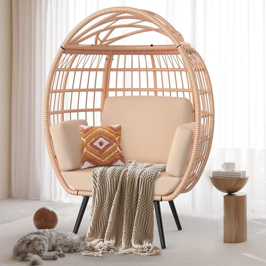 PNKKODW Wicker Standing Egg Chair w/ UV Cushions & Storage Bag, 370lb Capacity, Boho Egg Lounger for Indoor/Outdoor, Brown-Brown